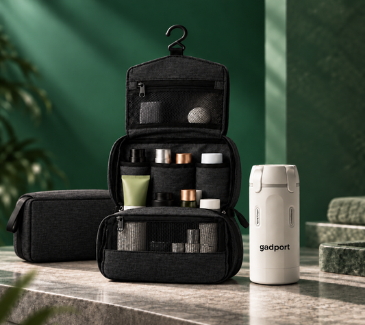 Combo de viaje Gadport: neceser colgante negro y botella Multicream
