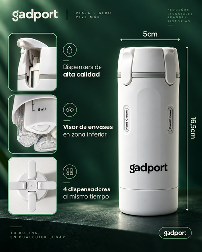 Botella Multicream blanca con medidas: 16,5 cm de alto y 5 cm de ancho, con 4 dispensers