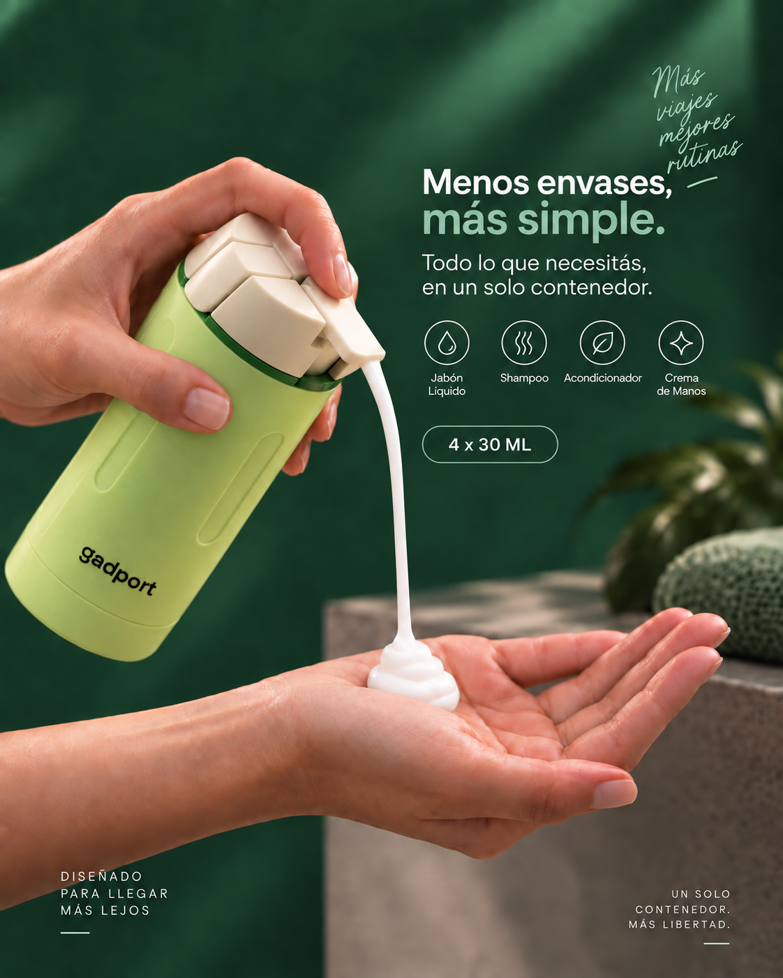 Mano sacando crema de la botella dispensadora Multicream verde