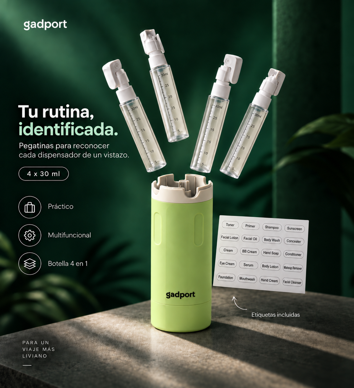Botella Multicream verde con sus 4 frascos de 30 ml y la plancha de etiquetas para rotularlos
