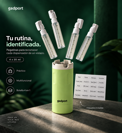 Botella Multicream verde con sus 4 frascos de 30 ml y la plancha de etiquetas para rotularlos