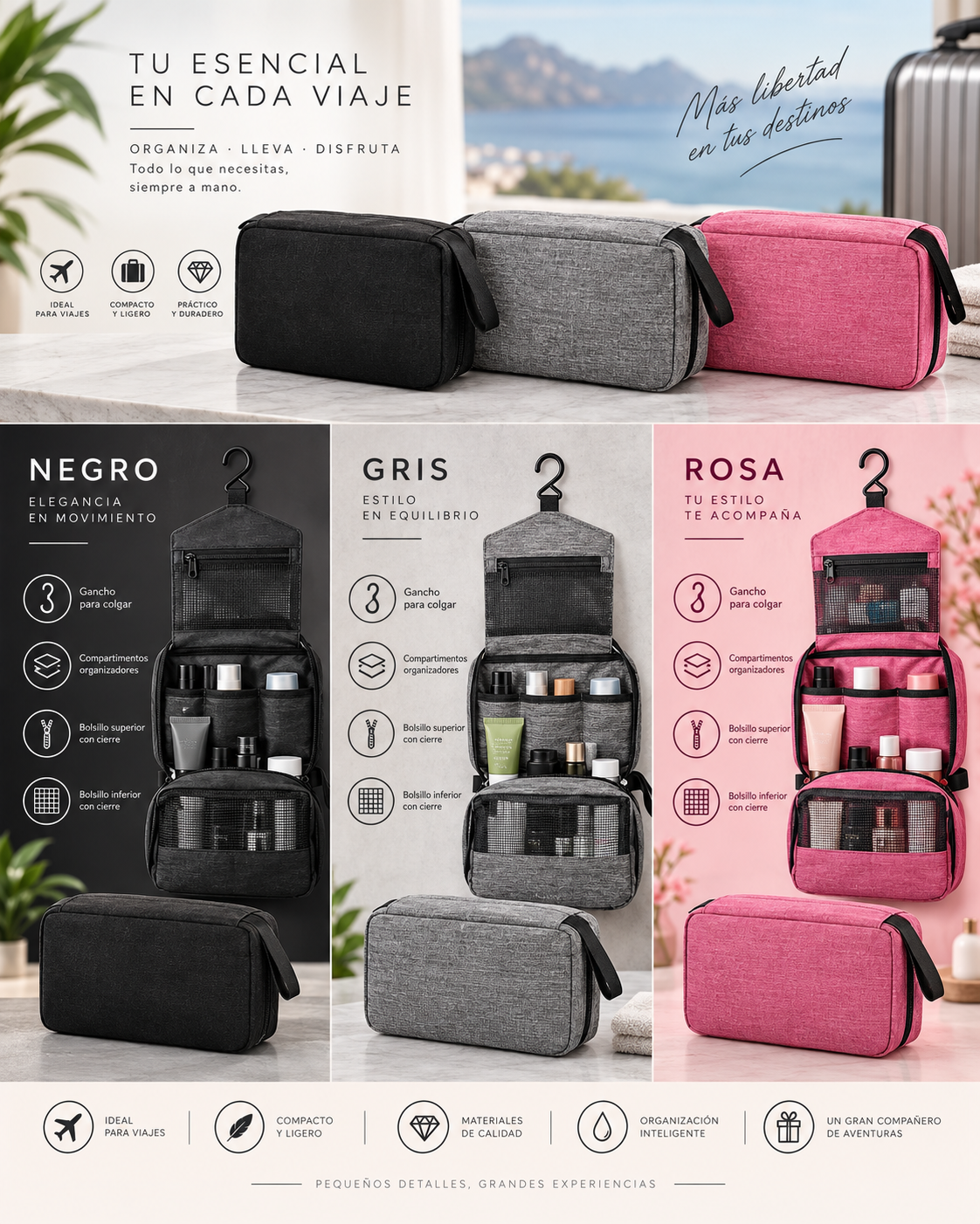 Neceser de viaje colgante Gadport en negro, gris y rosa