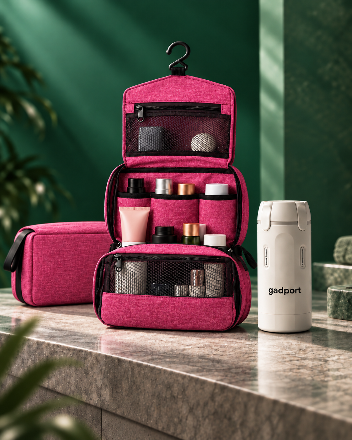 Combo de viaje Gadport: neceser colgante rosa y botella Multicream