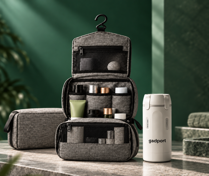 Combo de viaje Gadport: neceser colgante gris y botella Multicream