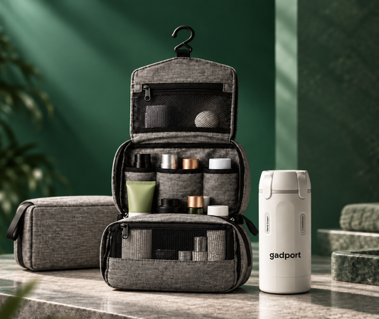 Combo de viaje Gadport: neceser colgante gris y botella Multicream