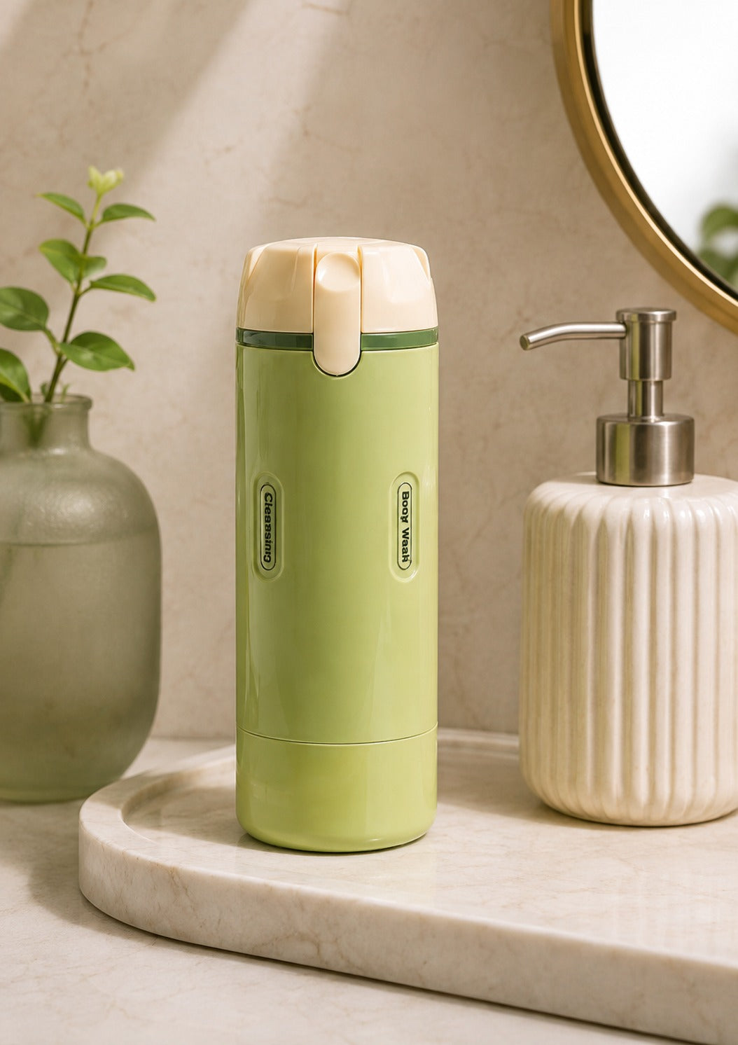 La botella verde en la mesada de un baño, junto a un dispensador de jabón, una planta y un espejo redondo
