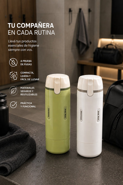 Placa con las dos botellas y cuatro atributos: a prueba de fugas, compacta y liviana, materiales seguros y reutilizables, práctica y funcional