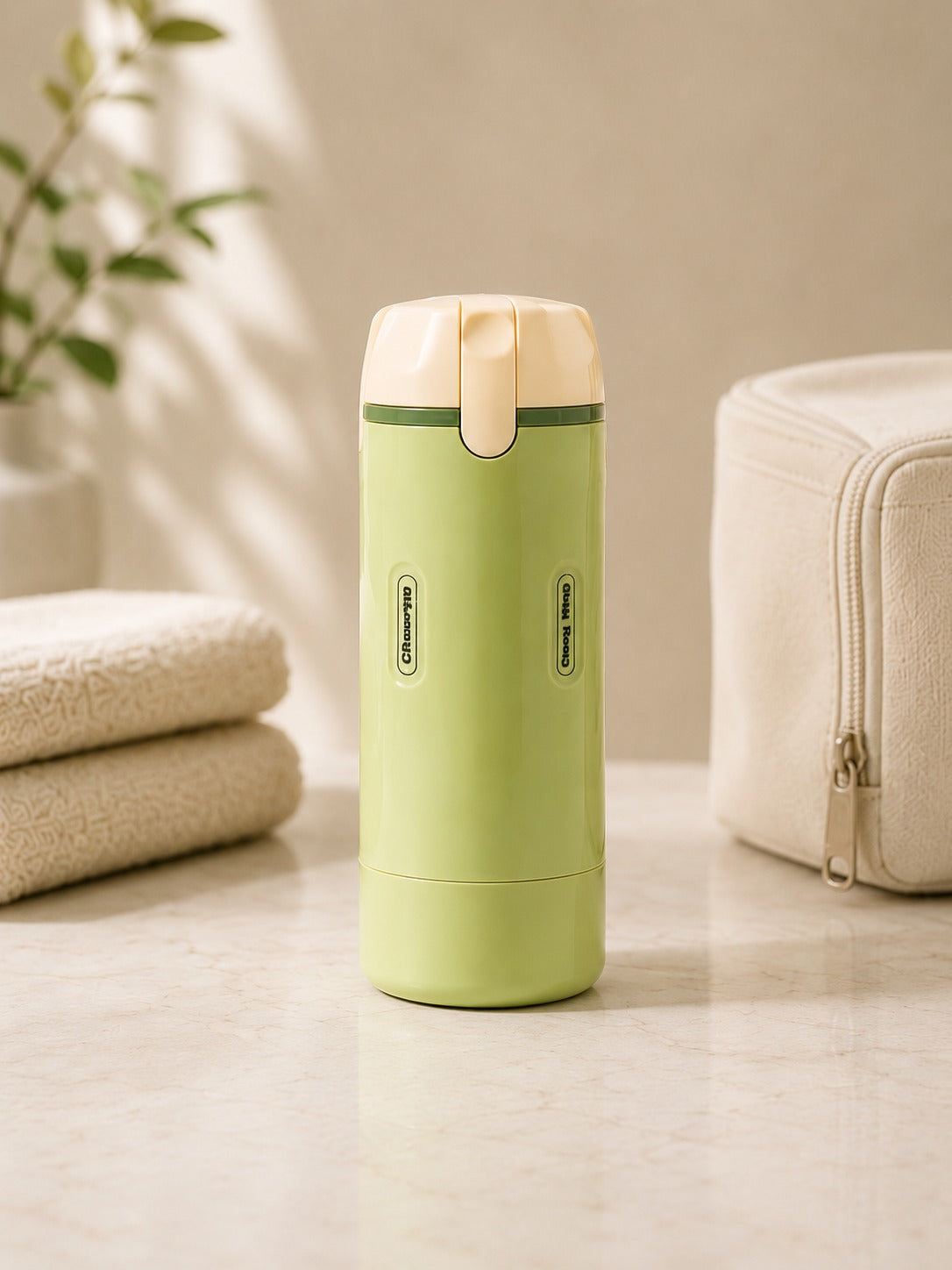 La botella verde sobre una mesada clara, junto a dos toallas dobladas y un neceser beige