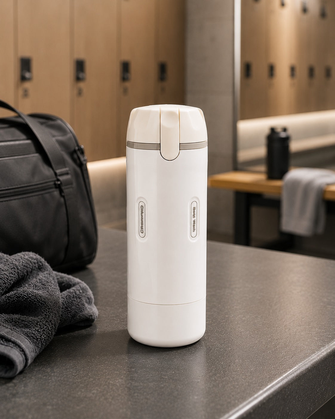 La botella blanca sobre una mesada gris, en un vestuario con lockers de madera y un bolso negro al lado