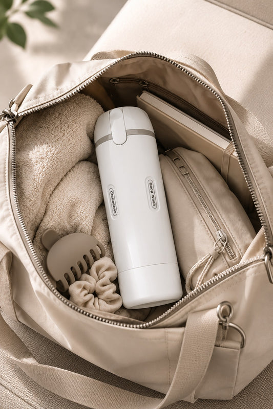 La botella blanca guardada dentro de un bolso beige abierto, junto a una toalla enrollada